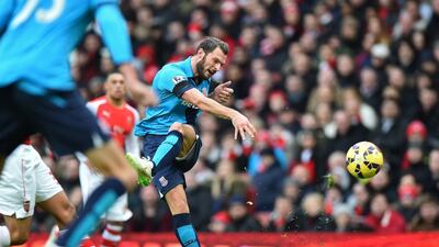 Stoke City defender Erik Pieters has an unsuccessful shot during his side's Premier League loss to Arsenal at the Emirates Stadium on Sunday. Ben Stansall / AFP