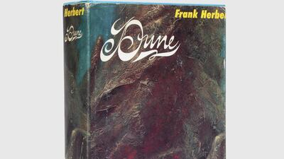 A first edition, and a very scarce example inscribed by the author, of Frank Herbert’s 'Dune', a seminal work of science fiction and among the best known and most widely read in the genre, for sale for £12,500 (Dh58,500). Peter Harrington