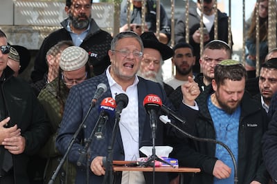 Israel's National Security Minister Itamar Ben-Gvir speaks during the funeral of an Israeli shot dead near the West Bank settlement of Eli. EPA
