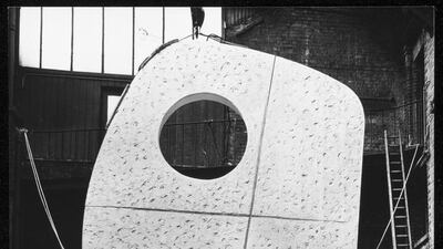 Barbara Hepworth with the plaster of Single Form 1961-64 at the Morris Singer foundry, London, in May 1963. Photograph by Morgan-Wells.