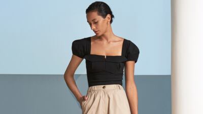 Swimsuit, Dh1,674, and palazzo pants, Dh1,659, both Bougessa