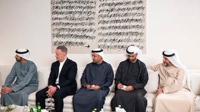 Members of the UAE leadership in a meeting with Mr Musk at the Zayed National Museum
