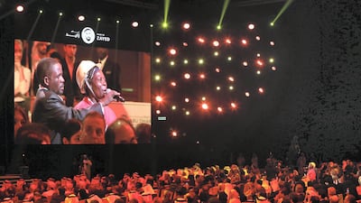 A representative from Malawi speaks at the Zayed Future Energy Prize awards ceremony as part of Abu Dhabi Sustainability Week. Chris Whiteoak / The National