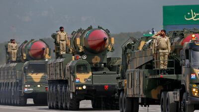 Pakistan-made Shaheen-III and Ghauri missiles, which are capable of carrying nuclear warheads, during a military parade to mark Pakistan National Day in Islamabad on March 23. AP