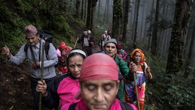 Hindu pilgrims trek to reach Gosaikunda Lake. Narendra Shrestha/EPA