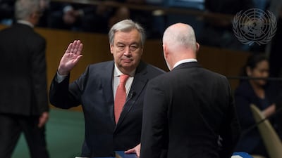 António Guterres, Secretary-General-designate of the United Nations, takes the oath of office for his five-year term which begins on 1 January 2017. The oath was administered by Peter Thomson, President of the seventy-first session of the General Assembly, on the Charter of the United Nations.