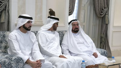 Dr Sheikh Sultan bin Mohammed Al Qasimi and Sheikh Hamdan bin Mohamed, Crown Prince of Dubai, offer condolences to Sheikh Mohammed bin Zayed. Omar Al Askar for Crown Prince Court - Abu Dhabi