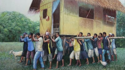 Bayanihan by Irineo ‘Ernie’ R Velasquez, an expert in realist art. Courtesy Irineo ‘Ernie’ R Velasquez