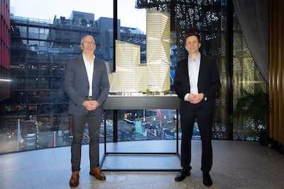 Bill O’Regan, group chief executive of Modon Holding, left, and Simon Carter, chief executive of British Land, during the signing of the deal. Photo: Modon Holding