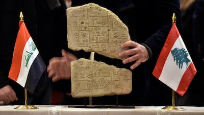 An ancient Iraqi artefact seen during a handover ceremony hosted by the Lebanese National Museum in Beirut. EPA