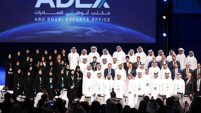Sheikh Abdullah bin Zayed Al Nahyan , Minister of Foreign Affairs and International Cooperation with the team members of ADFD and ADEX after the launch of Abu Dhabi Exports Office. Pawan Singh / The National