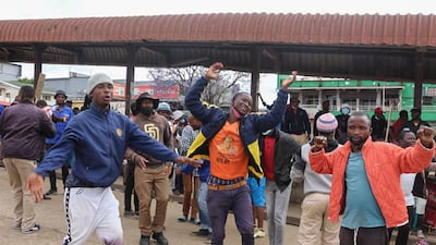 Public transport workers dance and chant political slogans in the Eswatini city of Manzini as they demand democratic reforms in the kingdom. AFP