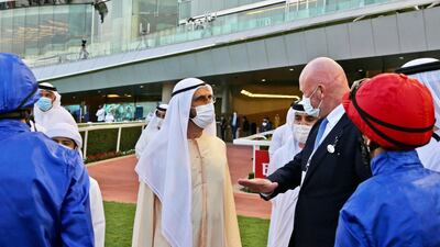 Sheikh Mohammed bin Rashid attends Super Saturday races at Dubai’s Meydan racecourse in Nad Al Sheba, with a total prize fund of $1.7 million. Courtesy Dubai Media Office Twitter / @DXBMediaOffice
