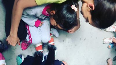 Katie Holmes pictured at the Moria Refugee Camp. Instagram / Katie Holmes