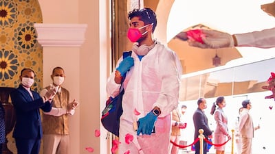 Rajasthan Royals at their team hotel in Dubai after arriving on Thursday. Courtesy Rajasthan Royals twitter / @rajasthanroyals