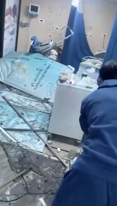 A still from footage posted on social media shows strike damage at Tibnin Governmental Hospital, southern Lebanon. Reuters