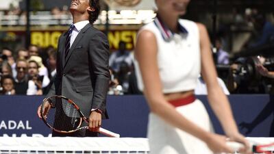 Rafael Nadal reacts during a promotional tennis event in New York on Tuesday. Justin Lane / EPA