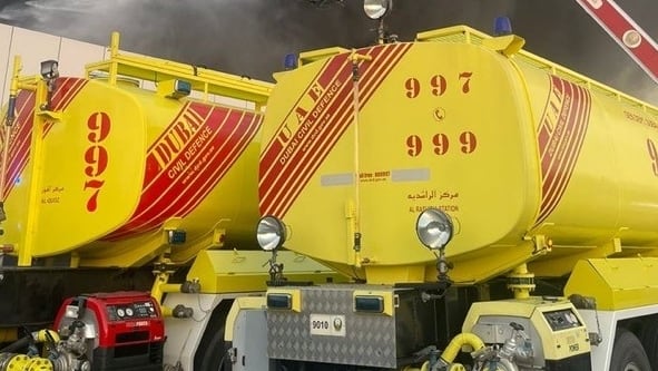 Image linked from the original feed: One person killed and five injured in gas cylinder blast at Dubai car showroom