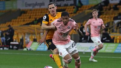 Wolverhampton Wanderers midfielder Daniel Podence fouls Sheffield United's Rhian Brewster. AFP