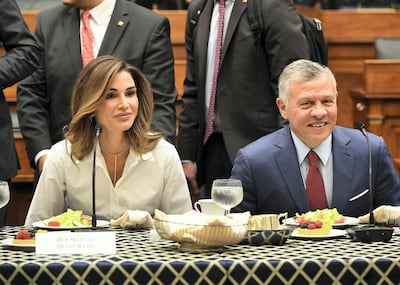 Jordan's King Abdullah and his wife Queen Rania while on a visit to Capitol Hill in Washington, June 26, 2018. AFP