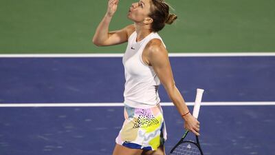 Simona Halep of Romania celebrates her victory over Ons Jabeur of Tunisia during day three of the Dubai Duty Free Tennis Championships. Getty Images