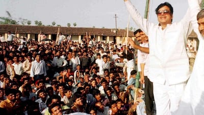 Actor-turned-politician Shatrughan Sinha reacts to crowd cheers during a 2014 election campaign rally. Sunil Malhotra