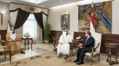 Sheikh Mohammed bin Zayed, meets with Mr Sisi in the VIP lounge at Cairo international Airport. Seen with Sheikh Nahyan bin Zayed. Mohammed Al Hammadi / Crown Prince Court - Abu Dhabi