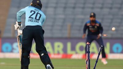 England's Jason Roy is bowled by India's Bhuvneshwar Kumar. AP