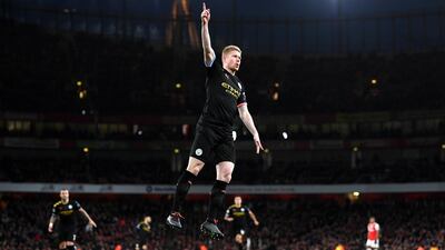 Kevin De Bruyne of Manchester City celebrates after scoring his team's first goal against Arsenal at the Emirates Stadium on Sunday. Getty Images