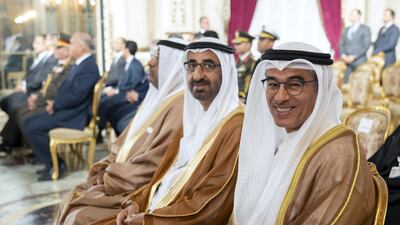 Mohamed Al Abbar, Founder and Chairman of Emaar Properties and Board Member of Eagle Hills (R) and Sultan bin Rashid Al Shamsi, attend an MOU signing ceremony at Ras El Tin Palace. Mohamed Al Hammadi / Ministry of Presidential Affairs