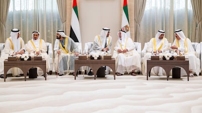 President Sheikh Mohamed at an Eid Al Adha reception at Mushrif Palace, with Sheikh Mohammed bin Rashid, Vice President and Ruler of Dubai, Sheikh Dr Sultan bin Muhammad Al Qasimi, Ruler of Sharjah, Sheikh Hamad bin Mohammed Al Sharqi, Ruler of Fujairah, Sheikh Saud bin Saqr Al Qasimi, Ruler of Ras Al Khaimah, Sheikh Saud bin Rashid Al Mualla, Ruler of Umm Al Quwain, and Sheikh Humaid bin Rashid Al Nuaimi, Ruler of Ajman. All photos: Presidential Court