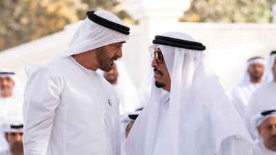 Sheikh Mohamed bin Zayed attends the Sandooq Al Watan Award Ceremony, during a Sea Palace barza. He is seen with Lt General Dhahi Khalfan Tamim, Chairman of the Board of Directors at Sandooq Al Watan. Ryan Carter for the Ministry of Presidential Affairs