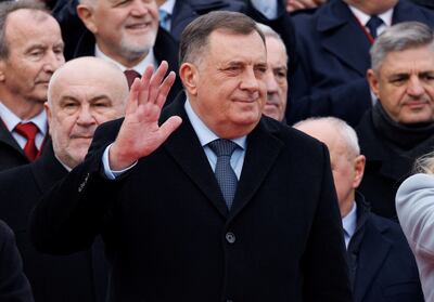 Bosnian-Serb member of the tripartite presidency, Milorad, Dodik waves during celebrations to mark the autonomous Serb Republic's national holiday, in Banja Luka, Bosnia and Herzegovina, on January 9, 2022. Reuters