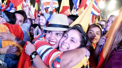 Carlos Alvarado supporters celebrate his presidential election win in San Jose, Costa Rica. Ezequiel Becerra / AFP