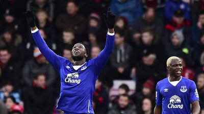 Everton's Romelu Lukaku, left, celebrates scoring the second goal during the English Premier League match at Vitality Stadium in Bournemouth, England, Saturday Nov. 28, 2015. (Adam Davy / PA via AP)