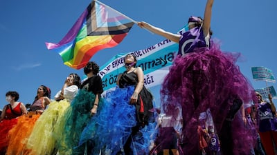 Activists shout slogans, hold banners and wave flags during the Istanbul march in support of the Istanbul Convention for women's rights. Reuters