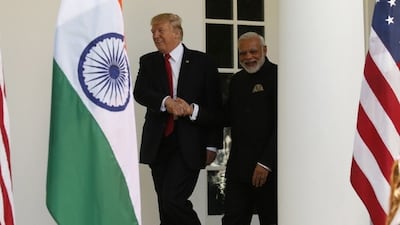 President Donald Trump welcomes Indian prime minister Narendra Modi to the White House on June 26, 2017. Kevin Lamarque / Reuters