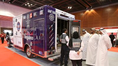 A solar-powered ambulance on display at the Dubai International Humanitarian Aid and Development Conference and Exhibition. Pawan Singh / The National