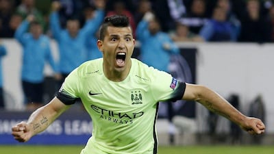 Manchester City's Sergio Aguero celebrates scoring the team's second, winning goal against Borussia Monchengladbach in the Champions League on Wednesday night. Carl Recine / Action Images / Reuters / September 30, 2015