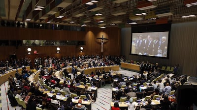 Korean K-Pop group BTS speaks on the floor of the Trusteeship Council during the 73rd session of the General Assembly of the United Nations at United Nations Headquarters in New York. EPA