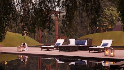 The pool deck at The Roseate, New Delhi. The Roseate