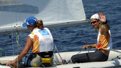 Greek Olympic champion Sofia Bekatorou, right, took some time to inspire the next wave of sailors by talking to Abu Dhabi schoolchildren about her sport ahead of the ISAF World Cup event off the Corniche breakwater. Menahem Kahana / AFP