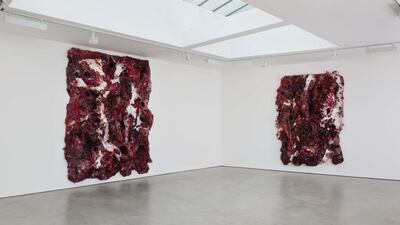 The pieces in Anish Kapoor’s Untitled Works are created from silicone resin and blood-red paint. Courtesy Lisson Gallery
