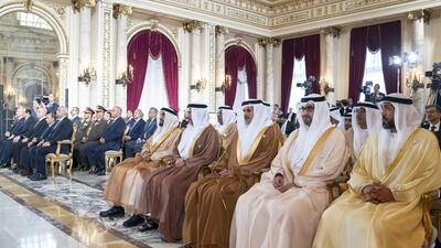 Mohamed Mubarak Al Mazrouei, Undersecretary of the Crown Prince Court of Abu Dhabi, Dr Sultan Ahmed Al Jaber, UAE Minister of State, Chairman of Masdar and CEO of ADNOC Group, Ali Mohamed Hammad Al Shamsi, Deputy Secretary-General of the UAE Supreme National Security Council, Sheikh Hamed bin Zayed Al Nahyan, Chairman of the Crown Prince Court of Abu Dhabi and Abu Dhabi Executive Council Member, Sheikh Nahyan Bin Zayed Al Nahyan, Chairman of the Board of Trustees of Zayed bin Sultan Al Nahyan Charitable and Humanitarian Foundation, attend an MOU signing ceremony at Ras El Tin Palace. Mohamed Al Hammadi / Ministry of Presidential Affairs