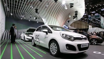 The Kia Rio 600 Dynamics at the car maker's booth during the Geneva car show this month. Sebastian Derungs / AFP