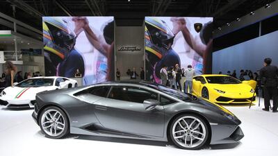 Lamborghini cars on display at the China International Exhibition Center during Auto China 2014 in Beijing, on April 20. AFP