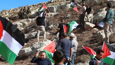 Demonstrators gather for the protest near Deir Al Hatab, east of Nablus. Photo: AFP