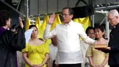 Benigno Aquino is sworn in as the 15th president of the Philippines in the Quirino Grandstand in Manila yesterday.