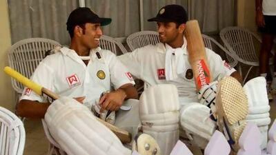 India's VVS Laxman, left, and Rahul Dravid reflect on their record partnership of 336 at Eden Gardens. Hamish Blair / Allsport