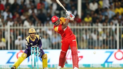 Andre Russell of Islamabad United plays a shot against Quetta Gladiators in the Pakistan Super League T20 at Sharjah Cricket Stadium in Sharjah. The two teams will meet again in the PSL final on Tuesday. Pawan Singh / The National